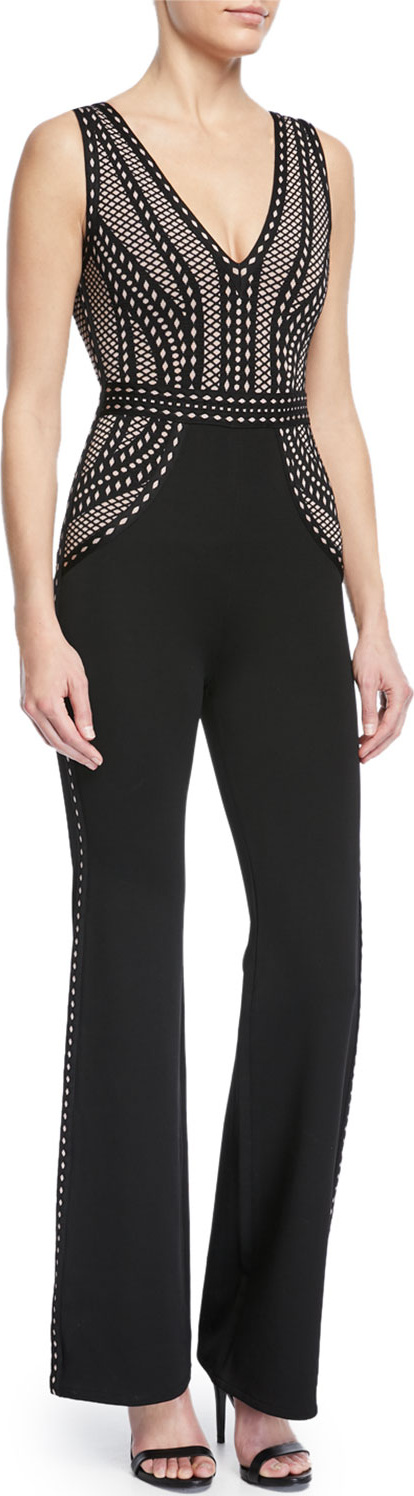 Herve Leger Deep-V Sleeveless Straight-Leg Jumpsuit