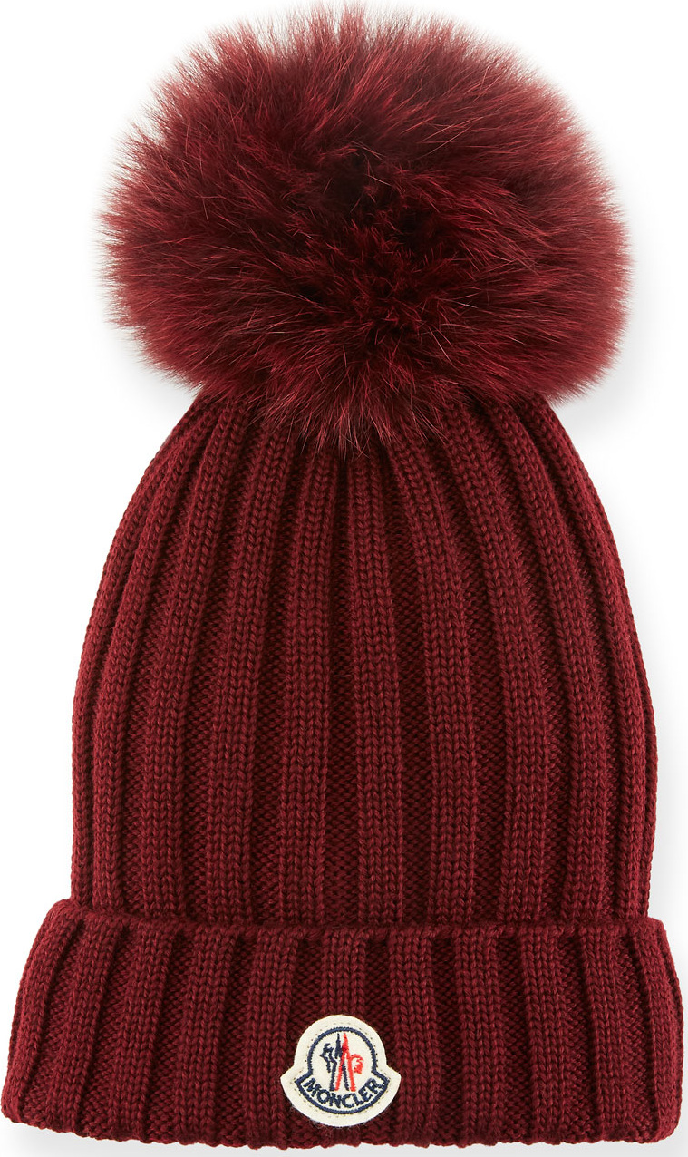 Moncler Berretto Knit Hat w/ Fur Pompom