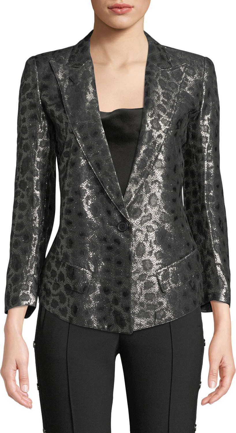 SMYTHE Film Fest Metallic Strong-Shoulder Animal-Print Blazer