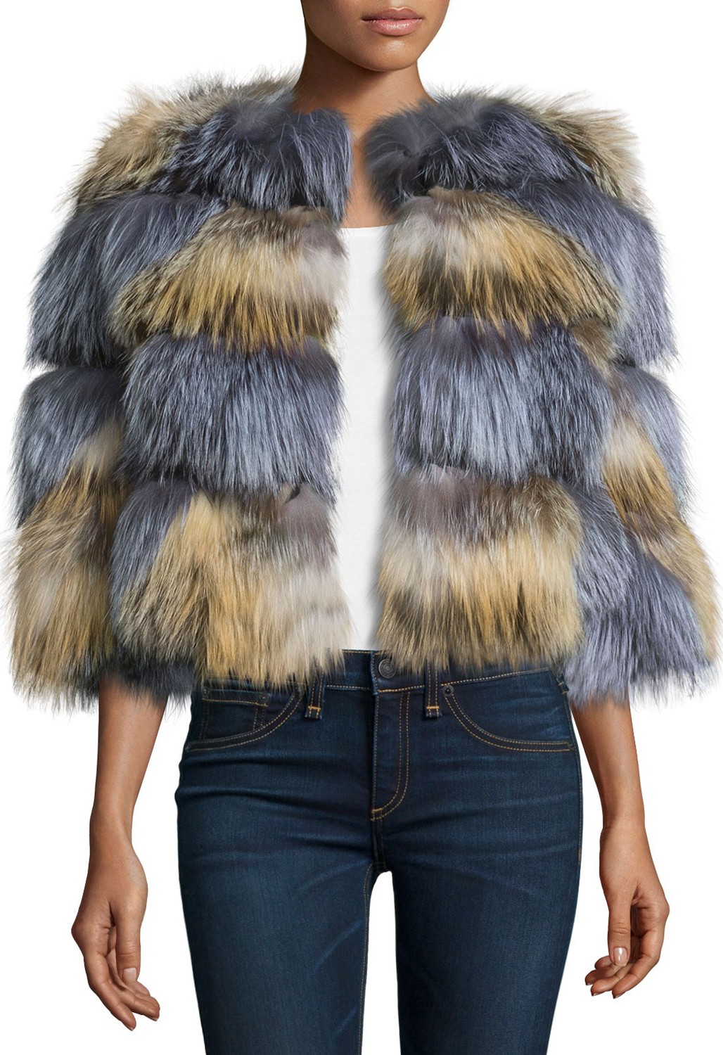 Belle Fare Boxy Two-Tone Fox Fur Jacket, Natural/Gray
