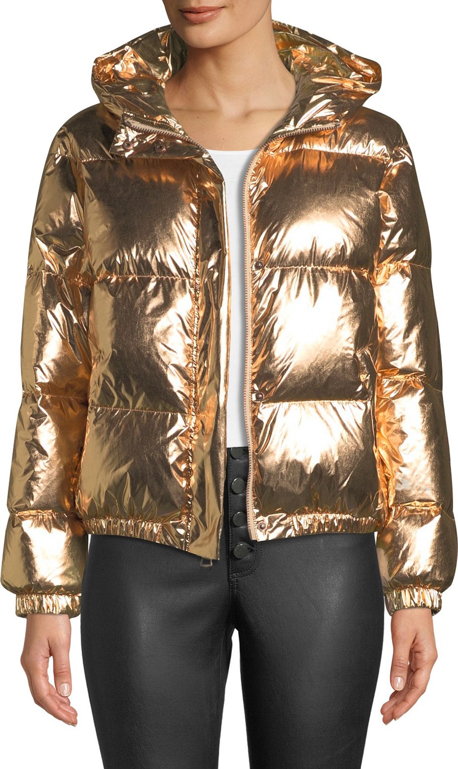 Alice + Olivia Durham Hooded Metallic Puffer Jacket