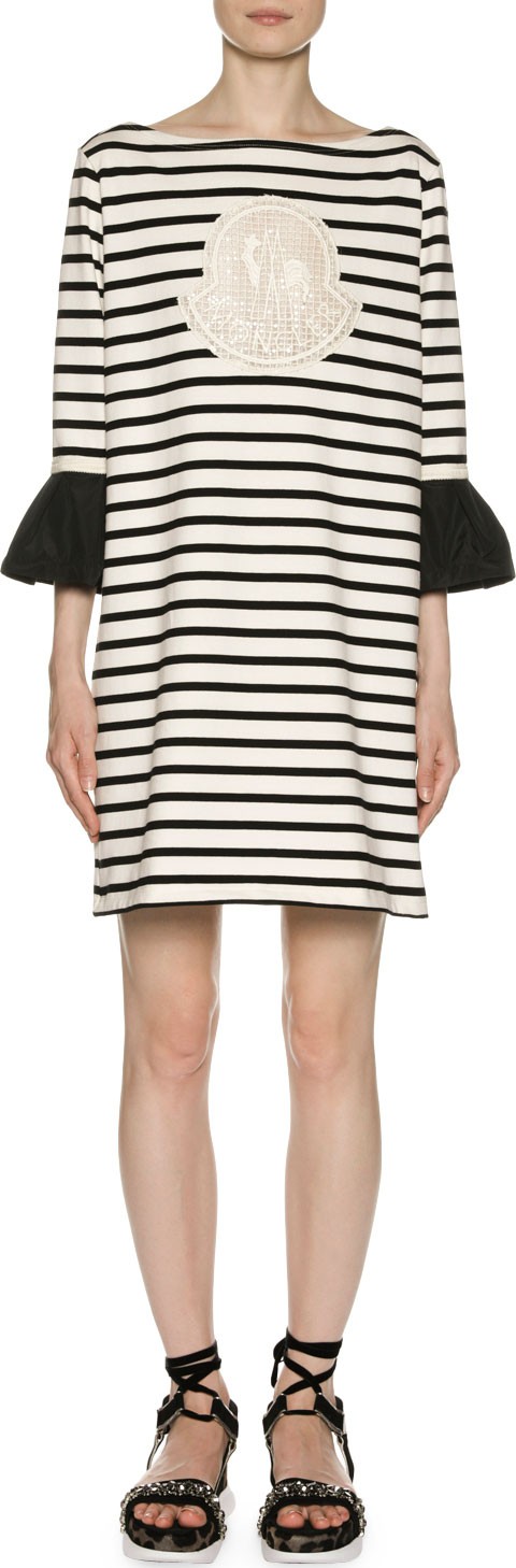 Moncler Logo Patch Striped Dress w/ Bell Cuffs
