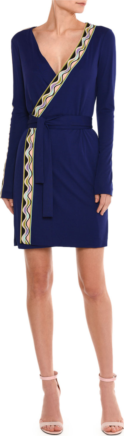 Emilio Pucci Wave-Stripe Long-Sleeve Wrap Dress