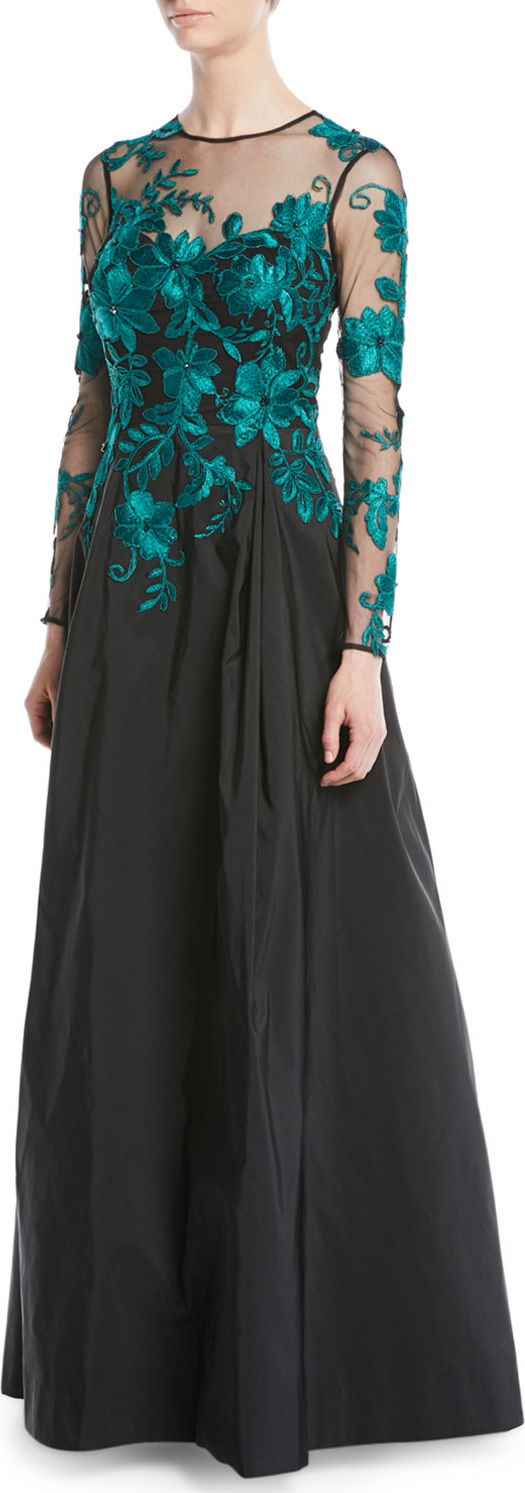 Rickie Freeman for Teri Jon Long-Sleeve Illusion Lace Taffeta-Skirt Evening Gown