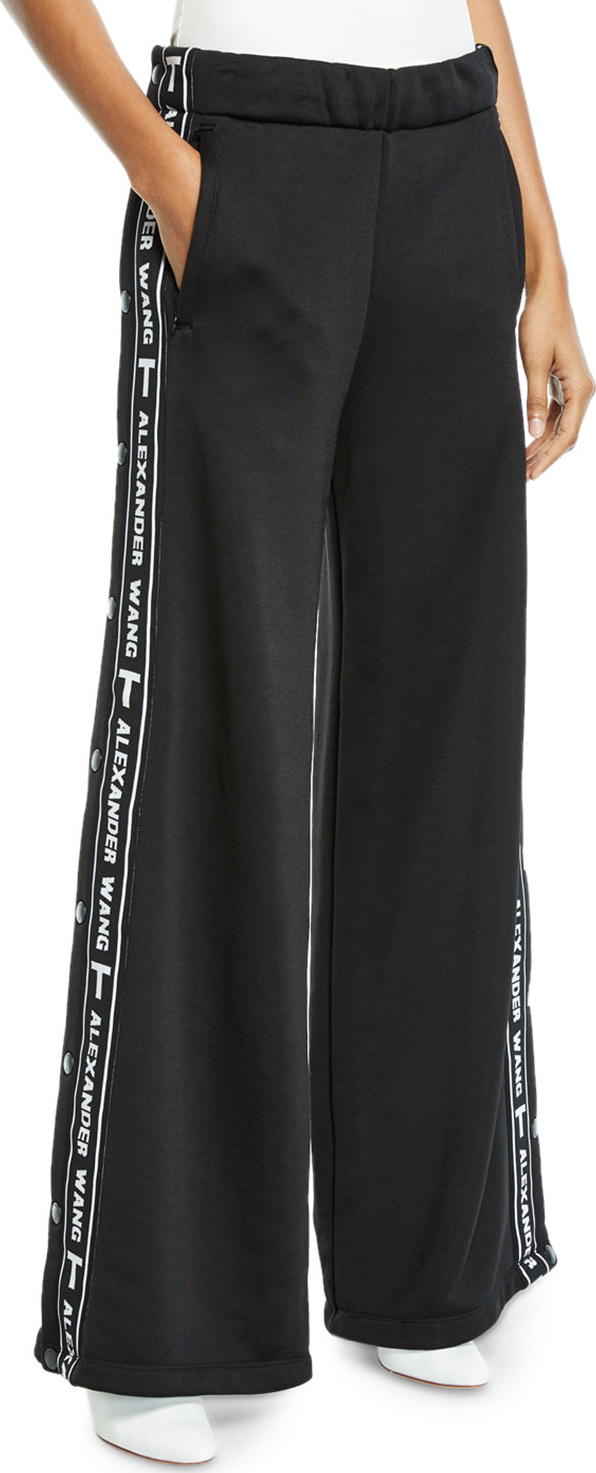 T By Alexander Wang Sleek Wide-Leg Logo Snap-Up French Terry Pants