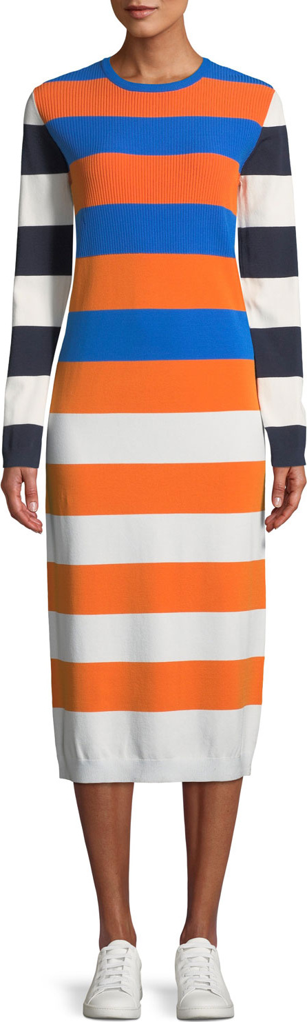 Tory Sport Broad-Stripe Tech Knit Long-Sleeve Midi Dress