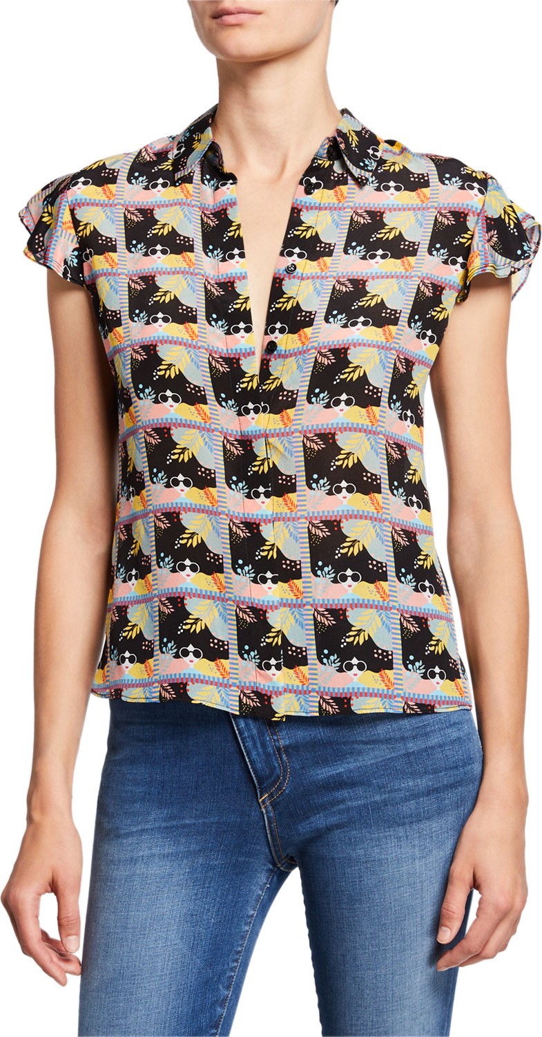 Alice + Olivia Willa Printed Flutter-Sleeve Silk Placket Top