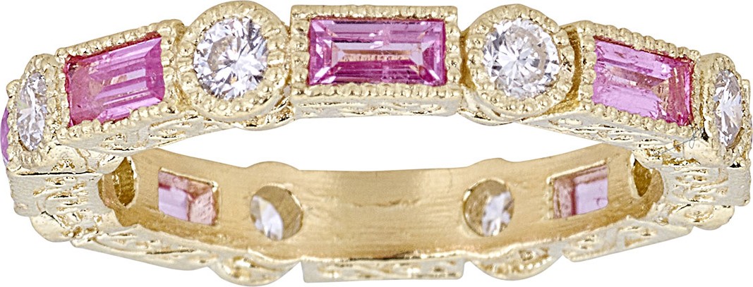 Tanya Farah 18K Art Nouveau Pink Sapphire & Diamond Stack Ring, Size 6.25