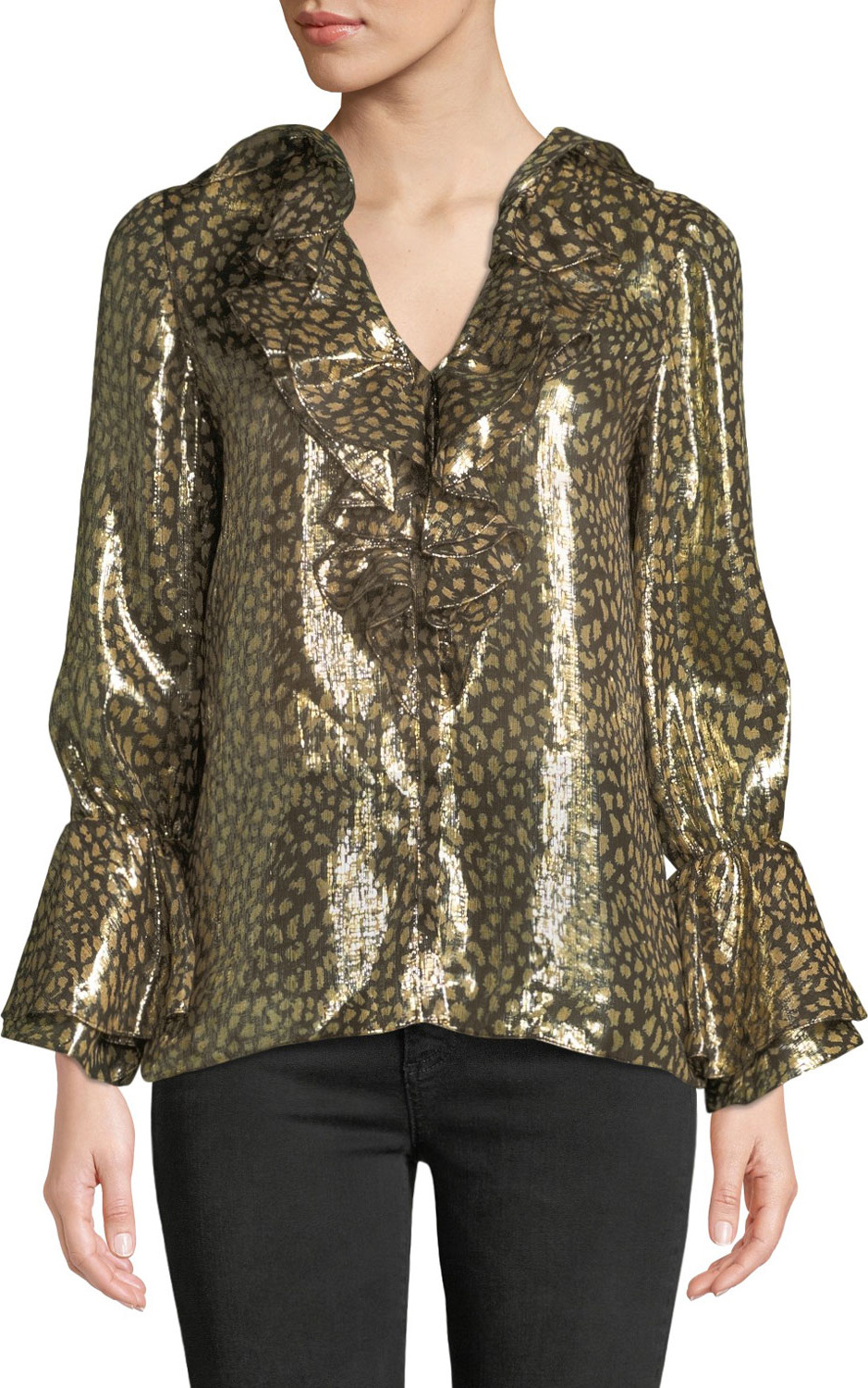 Alice + Olivia Elliott Long-Sleeve V-Neck Metallic Blouse w/ Ruffled Trim