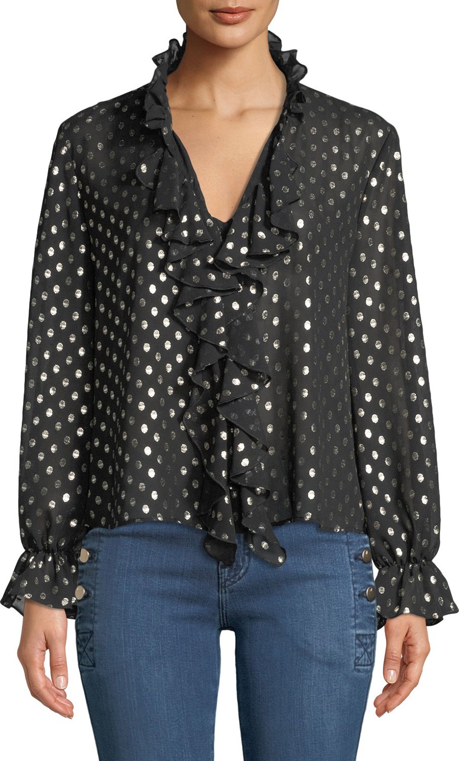 Bardot Penelope Metallic Dot-Print Ruffle Long-Sleeve Top