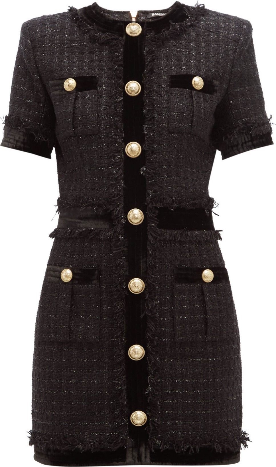 Balmain Velvet-trim metallic-tweed mini dress