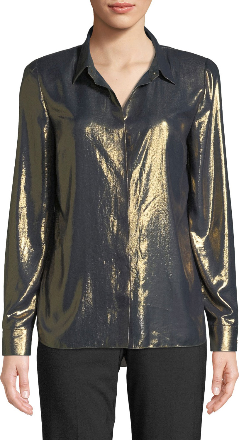 Elie Tahari Macklyn Button-Front Long-Sleeve Metallic Blouse Elie Tahari Macklyn Button-Front Long-Sleeve Metallic Blouse