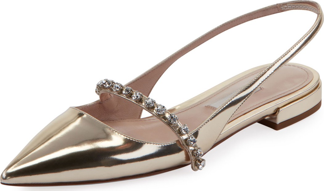 Miu Miu Metallic Leather Crystal-Strap Flats