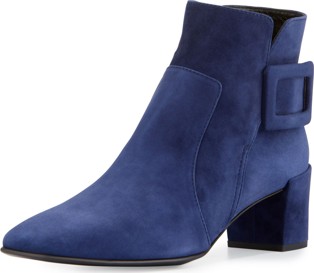 Roger Vivier Polly Suede Buckle Bootie, Navy