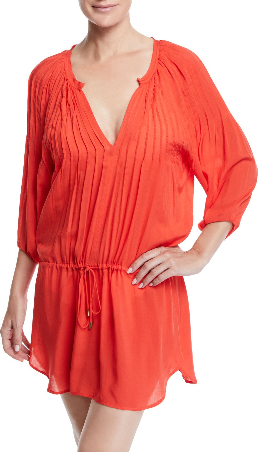 ViX Swimwear Sara Split-Neck Caftan Coverup Dress w/ Pintucking
