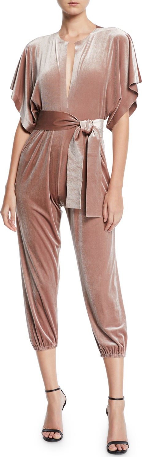 Norma Kamali Short-Sleeve Velvet Jogger Jumpsuit