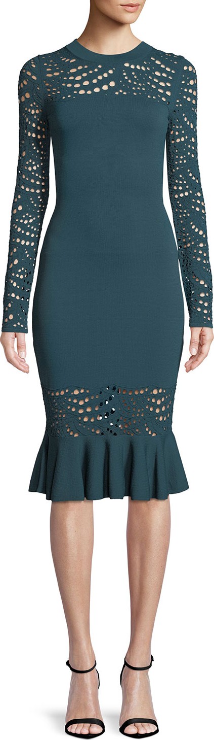 MILLY Long-Sleeve Pointelle Lace Mermaid Midi Dress