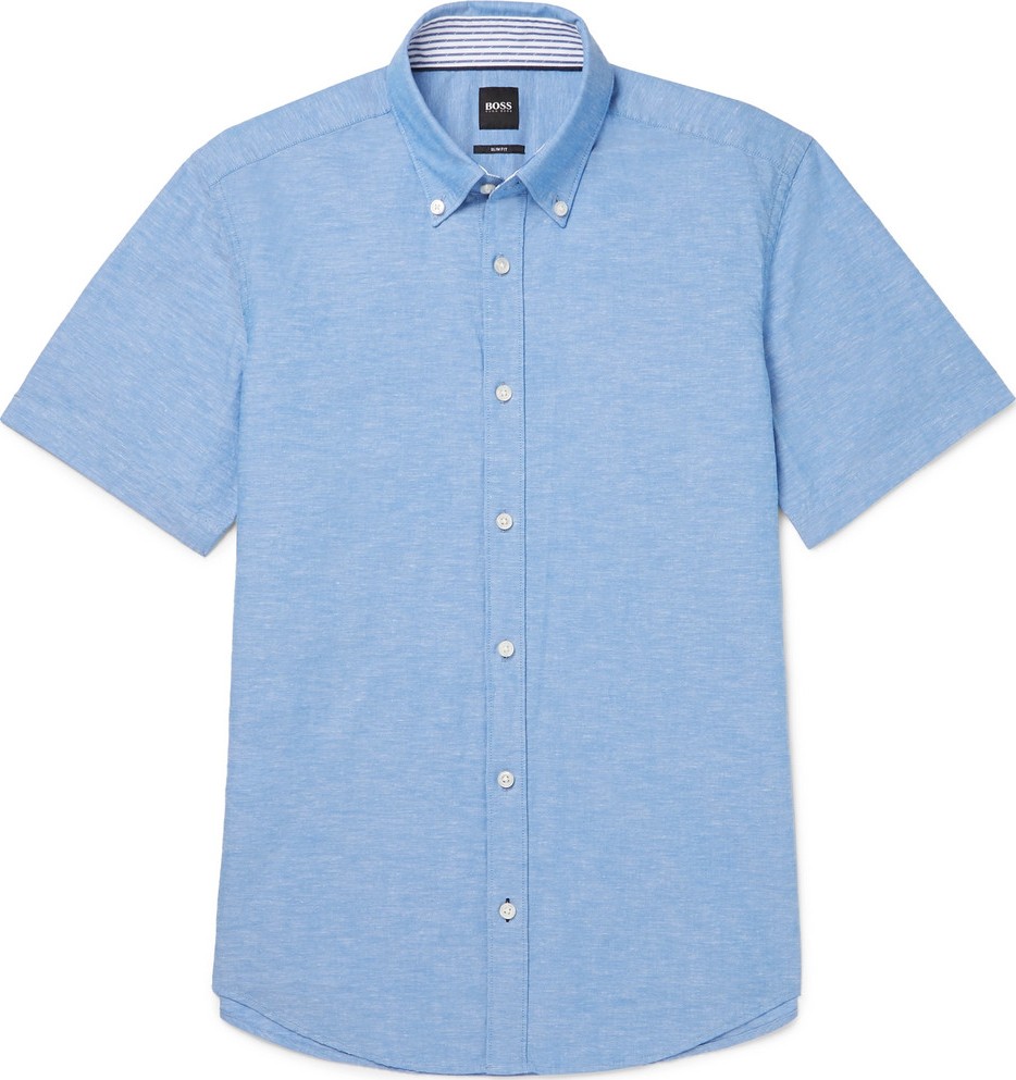 HUGO BOSS Roddy Slim-Fit Button-Down Collar Cotton and Linen-Blend Shirt