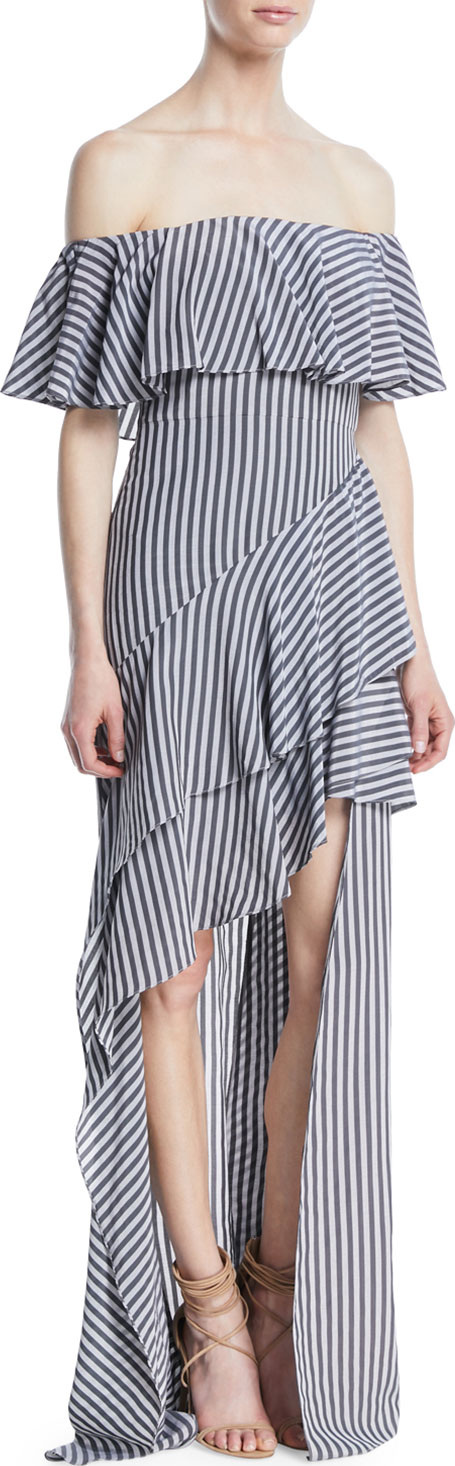 HALSTON HERITAGE Off-the-Shoulder Striped Flounce Gown