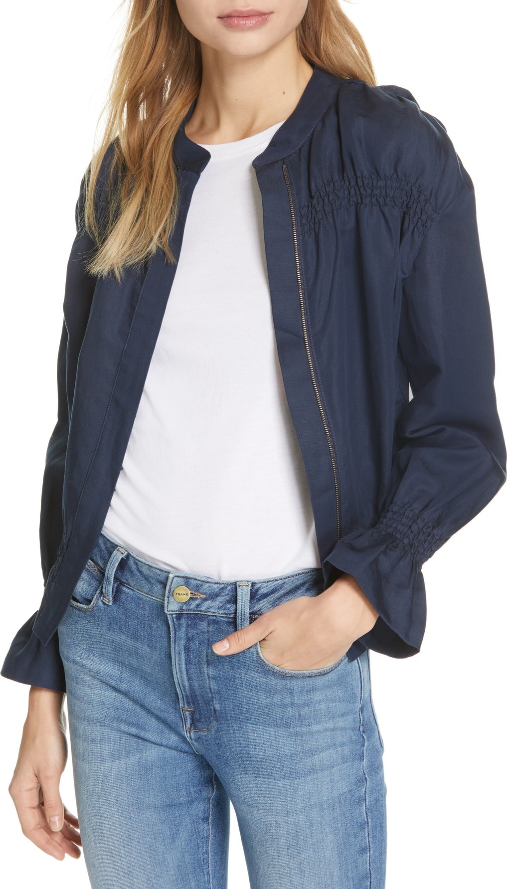 FRAME DENIM Smocked Zip Front Jacket