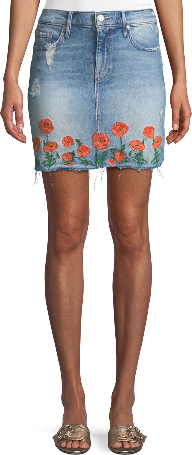 MOTHER High-Waist Frayed Embroidered Denim Mini Skirt