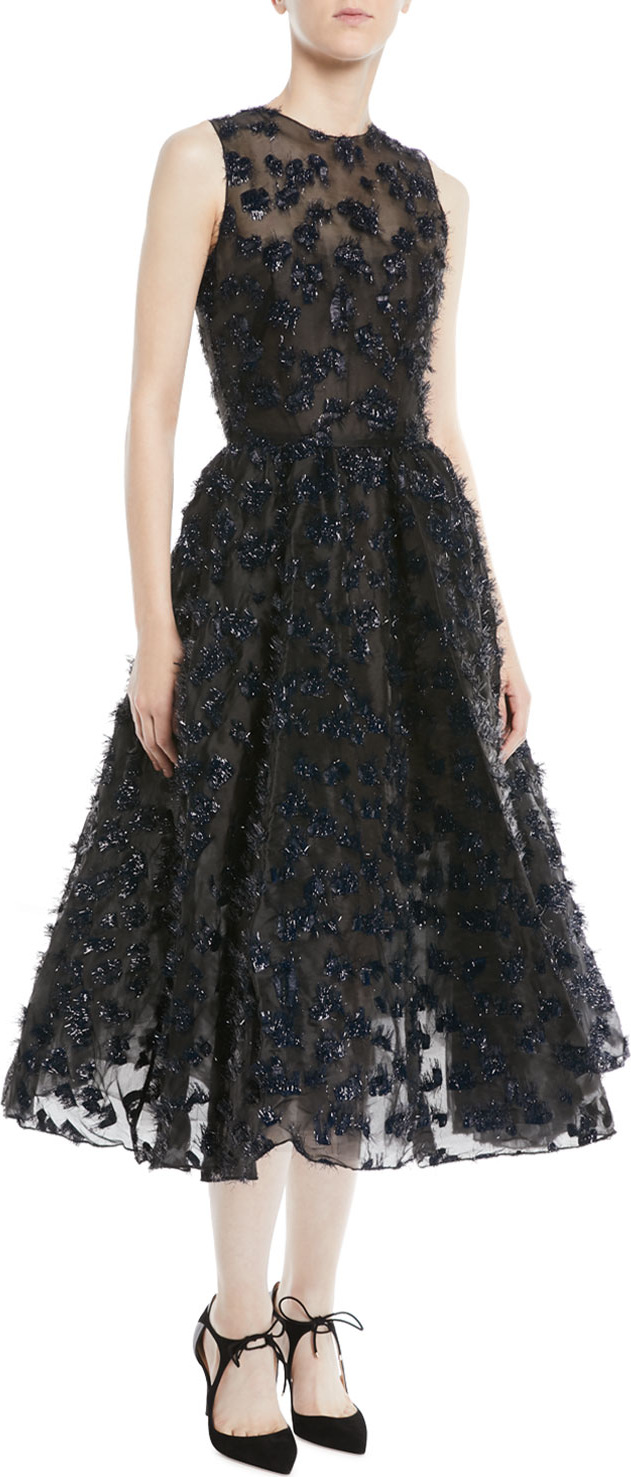 Oscar De La Renta Sleeveless Embroidered Fil Coupe Tea-Length Cocktail Dress