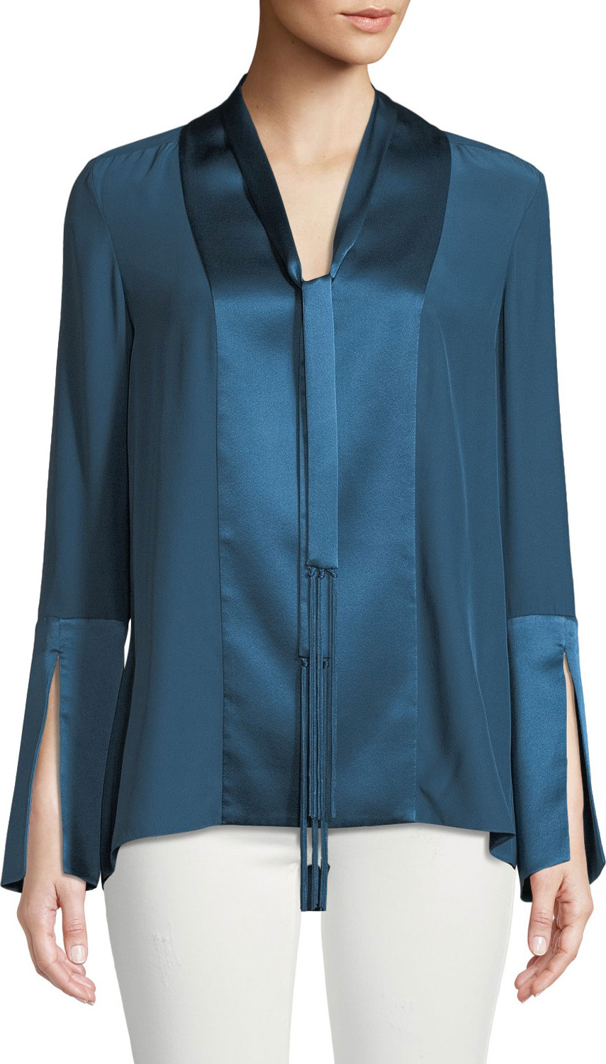 Elie Tahari Maverick Tie V-Neck Slit-Cuffs Silk Blouse