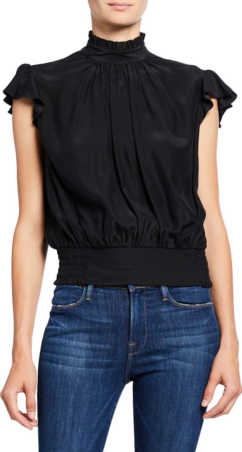 FRAME DENIM Mock-Neck Cap-Sleeve Smocked Ruffle Top