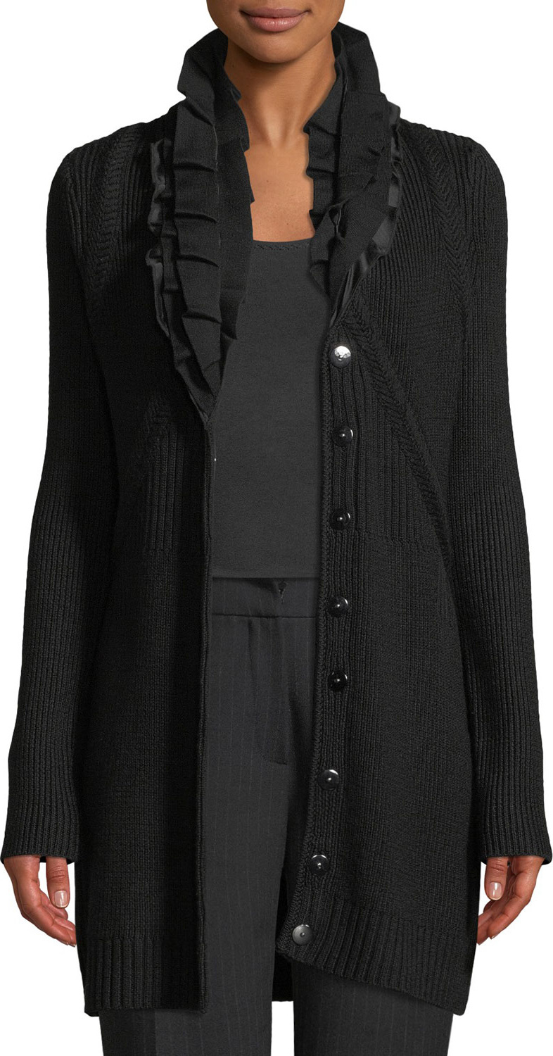 Elie Tahari Elijah Button-Front Ruffled-Collar Merino Wool Sweater