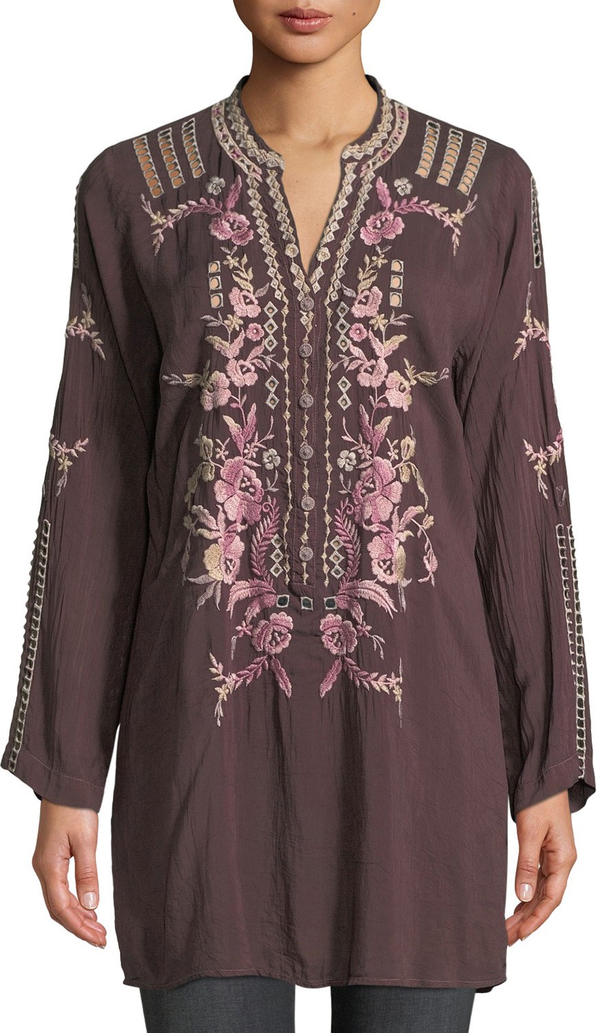 Johnny Was Clio Long-Sleeve Embroidered Tunic