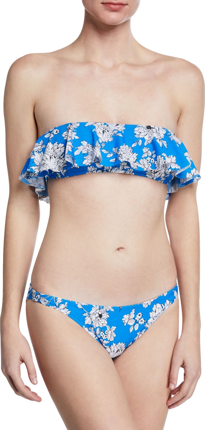 MILLY Floral-Print Ruffle Bandeau Bikini Top