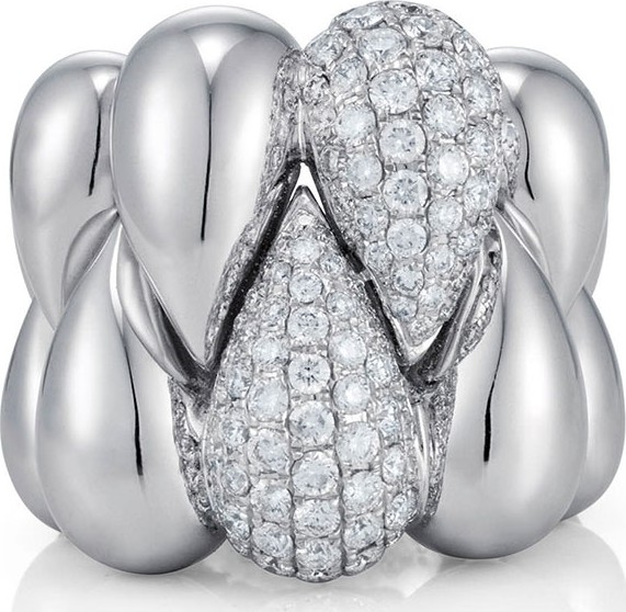 Bessa Carved Teardrop Ring in 18K White Gold with Diamonds, Size 6.5