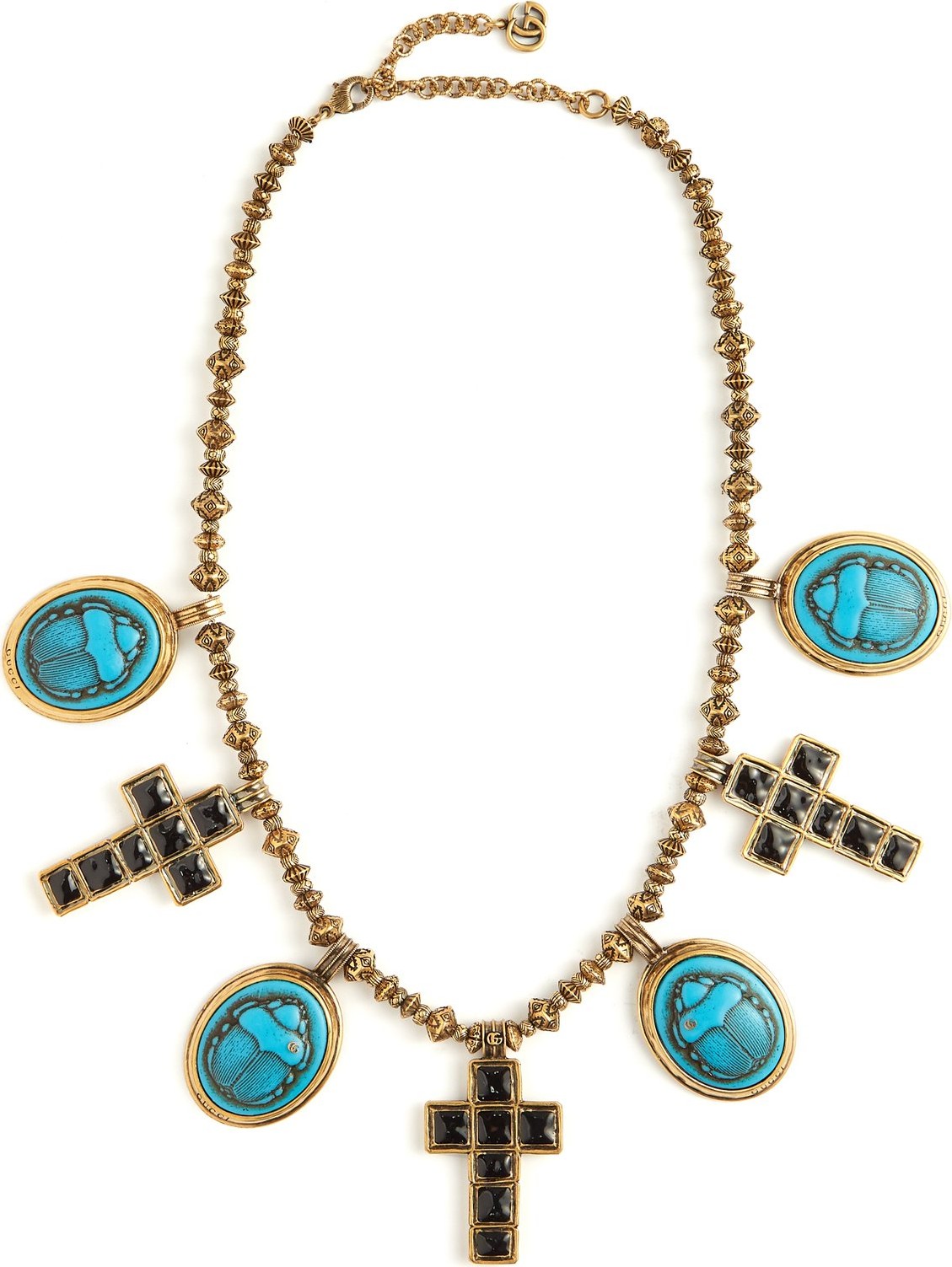 Gucci Beetle and cross-pendant bead necklace
