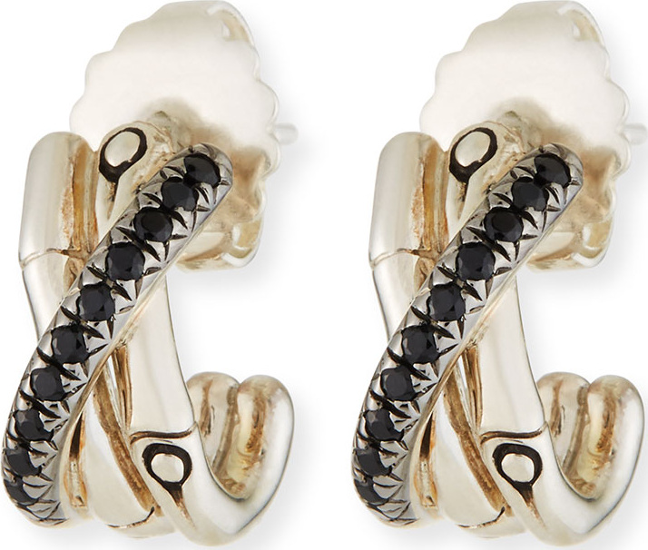 John Hardy Bamboo Silver J Hoop Earrings w/ Black Sapphire & Spinel