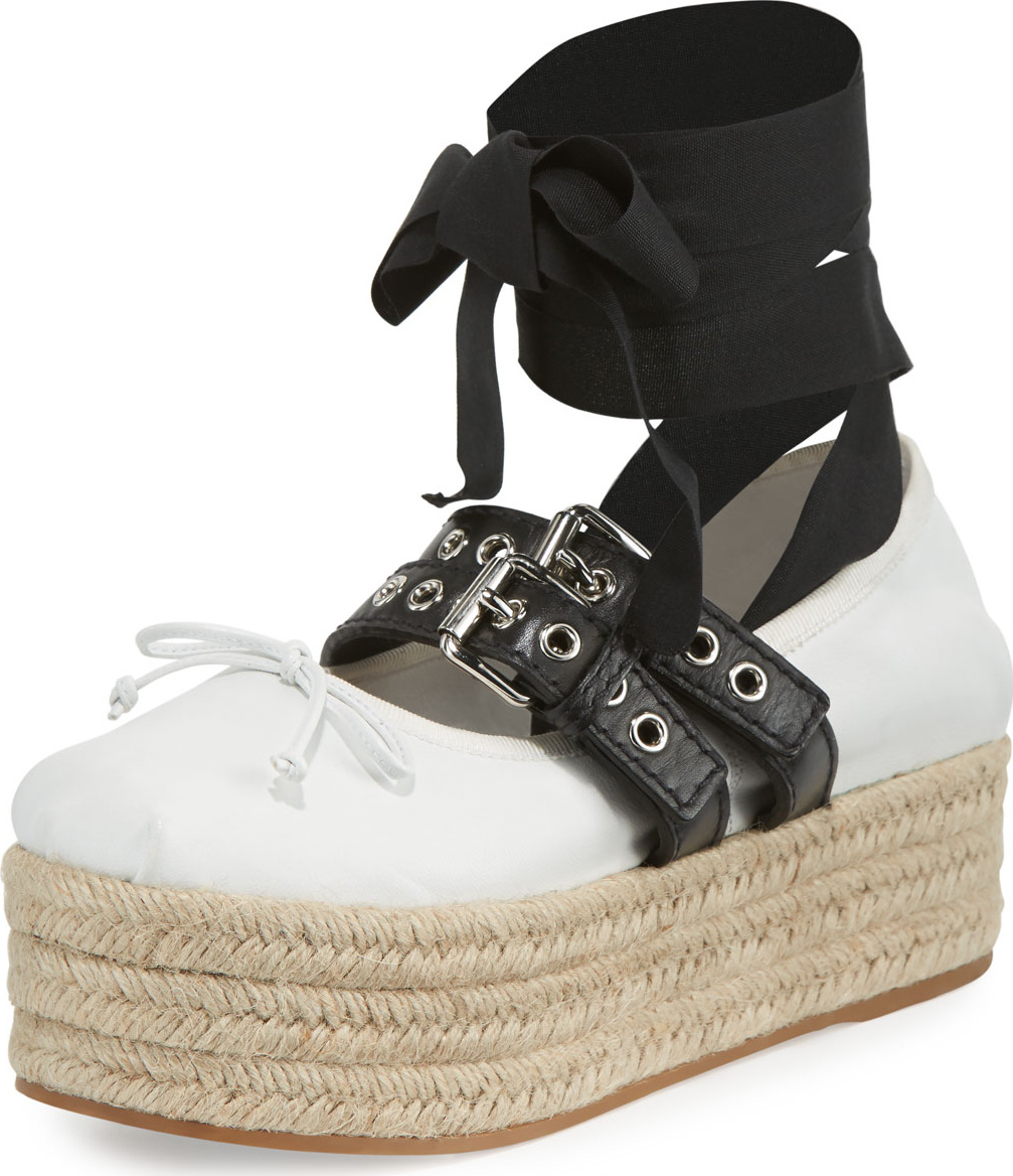 Miu Miu Ankle-Wrap Platform Espadrille Flat, Bianco/Nero