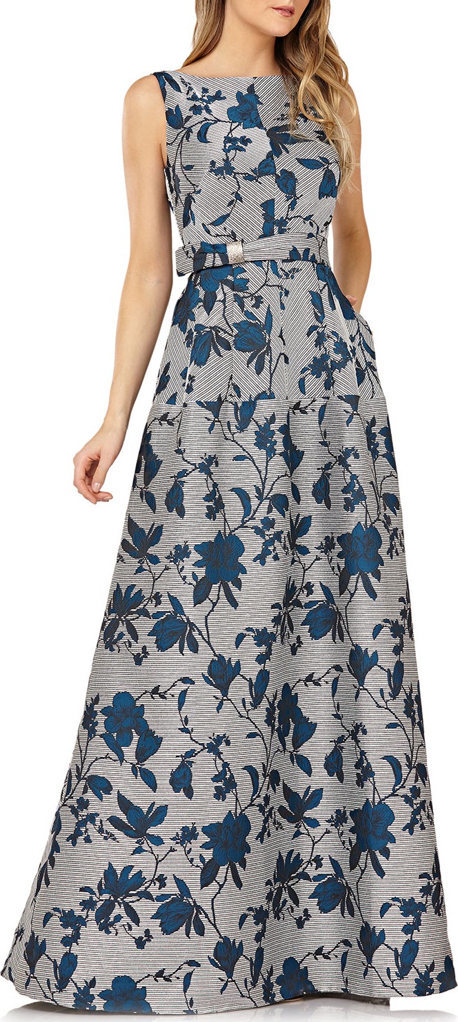 Kay Unger Belted Floral Gown w/ Mitered Stripes & Pockets