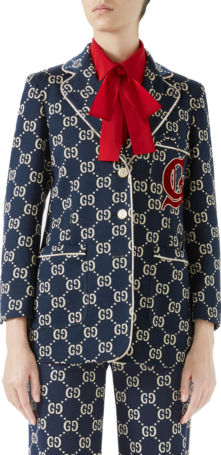 Gucci GG Jersey Single-Breasted Jacket w/ Preppy Patch