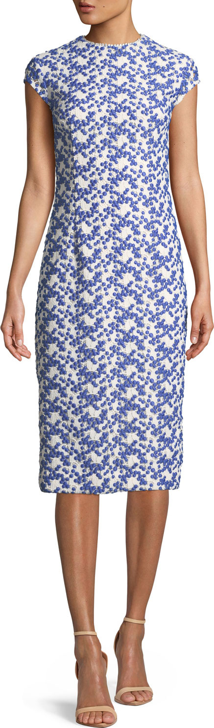 Lela Rose Cap-Sleeve Dotted Floral-Lace Fitted Sheath Dress