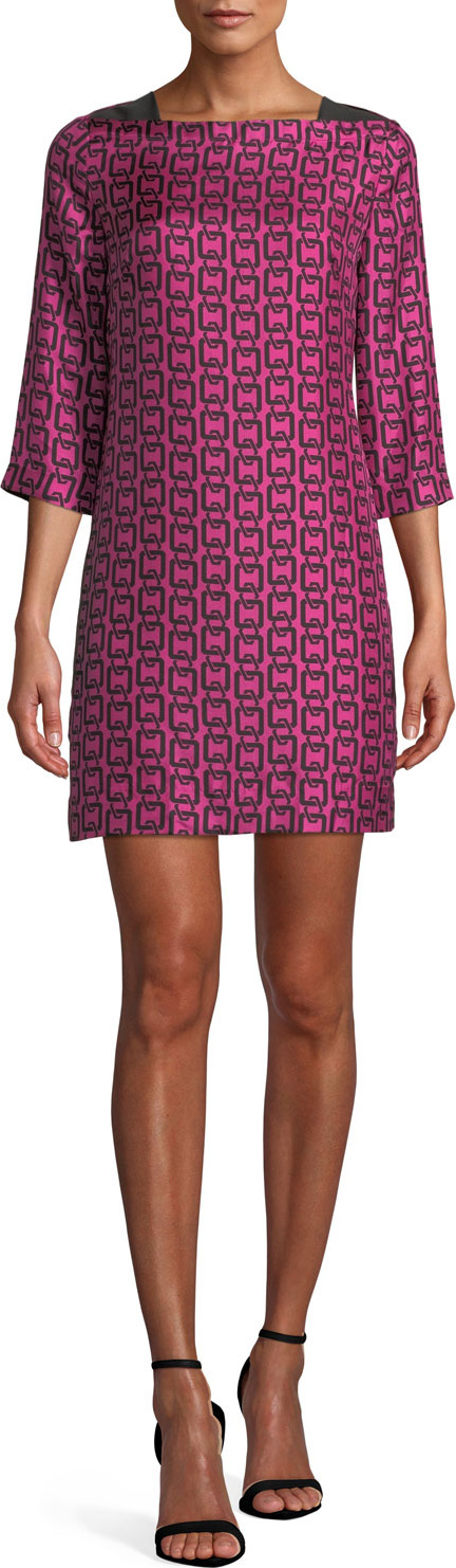 MILLY Julia Boat-Neck 3/4-Sleeve Chain-Print Twill Dress