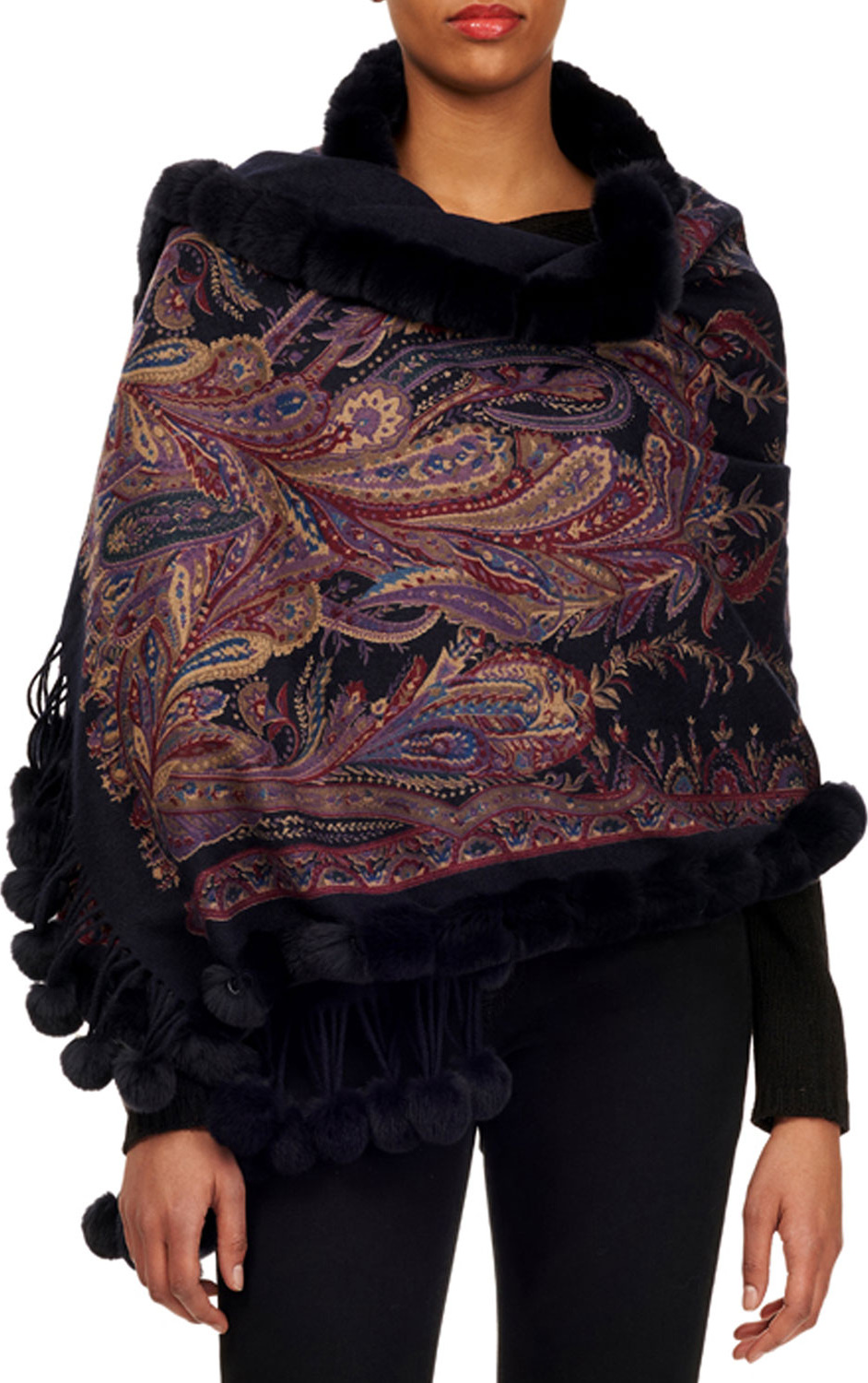 Gorski Paisley Double Face Cashmere Stole w/ Fur Trim