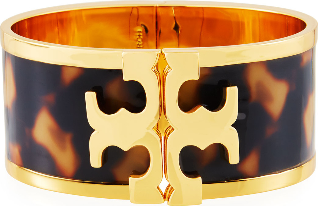 Tory Burch Wide Raised Logo Enamel Cuff Bracelet, Tortoise