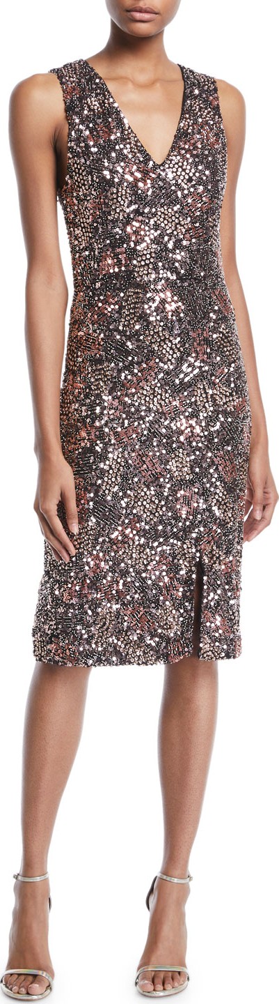 Alice + Olivia Natalie Embellished V-Neck Midi Dress w/ Slit