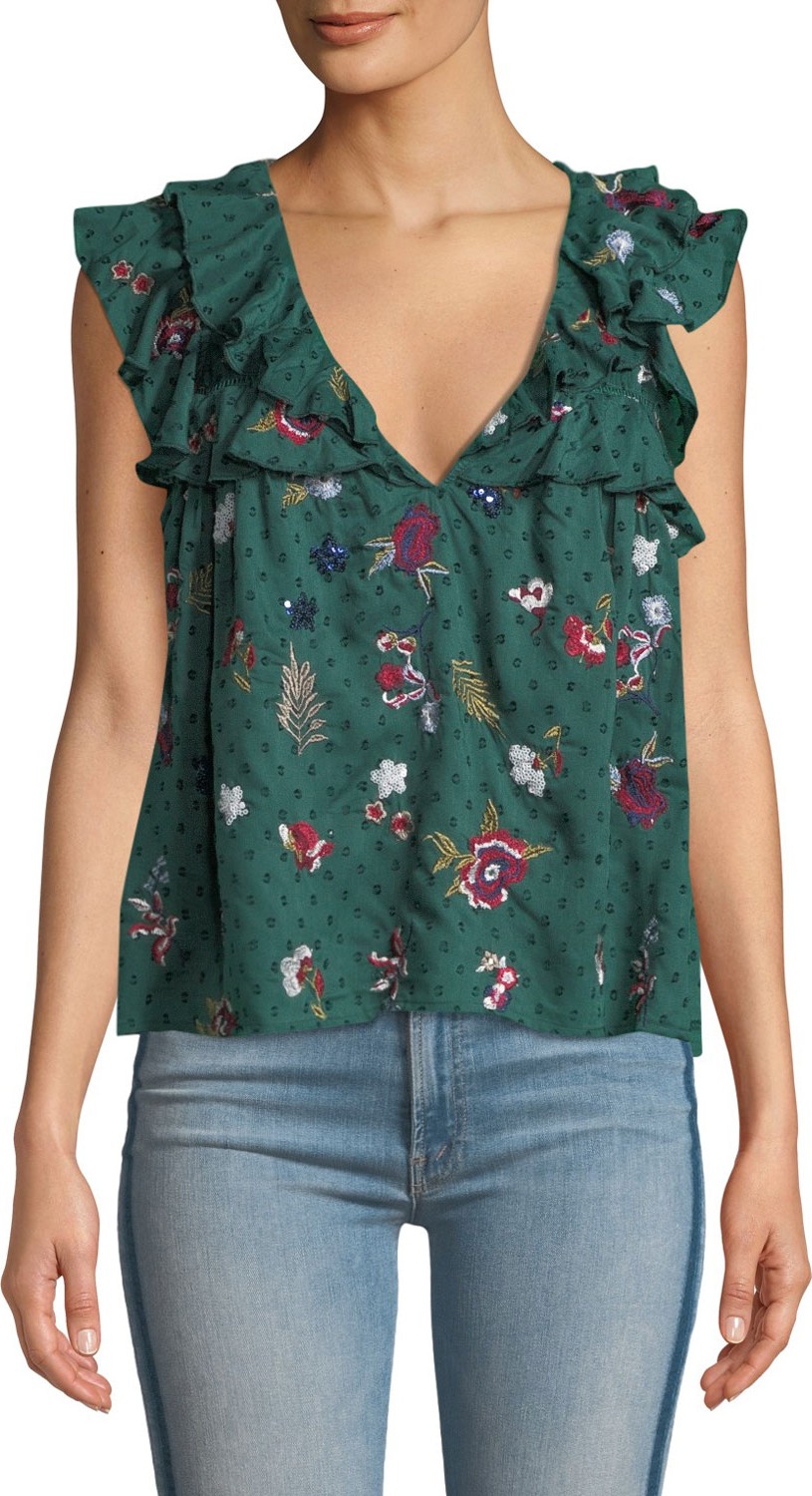 TULAROSA Annette Embroidered Ruffle V-Neck Blouse