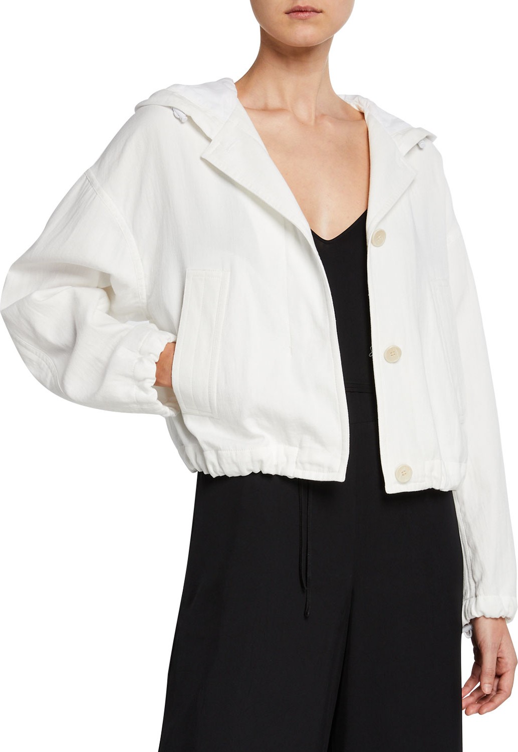 Vince Cropped Button-Front Cotton Hooded Jacket