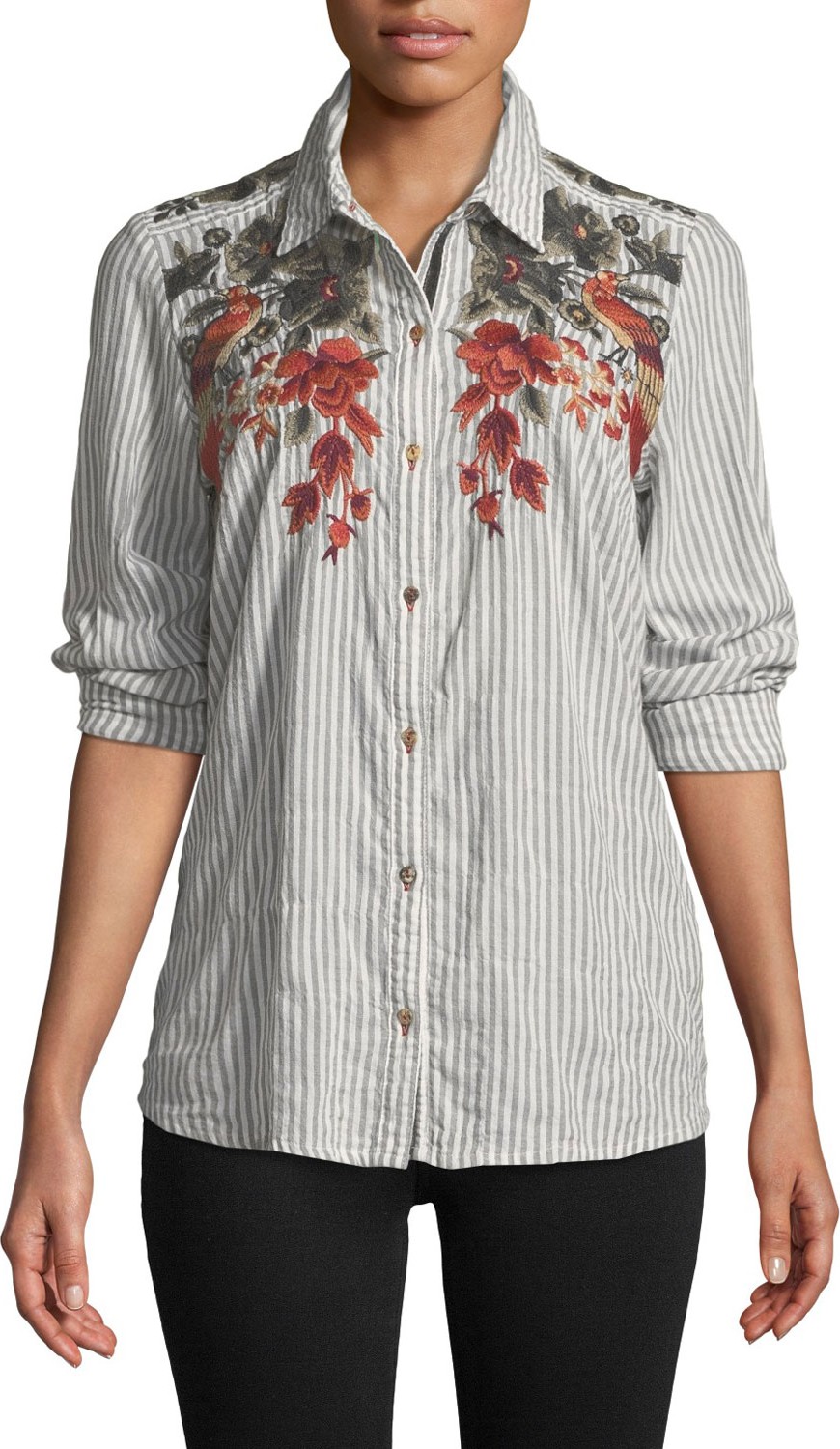 Johnny Was Ferris Floral-Embroidered Striped Shirt