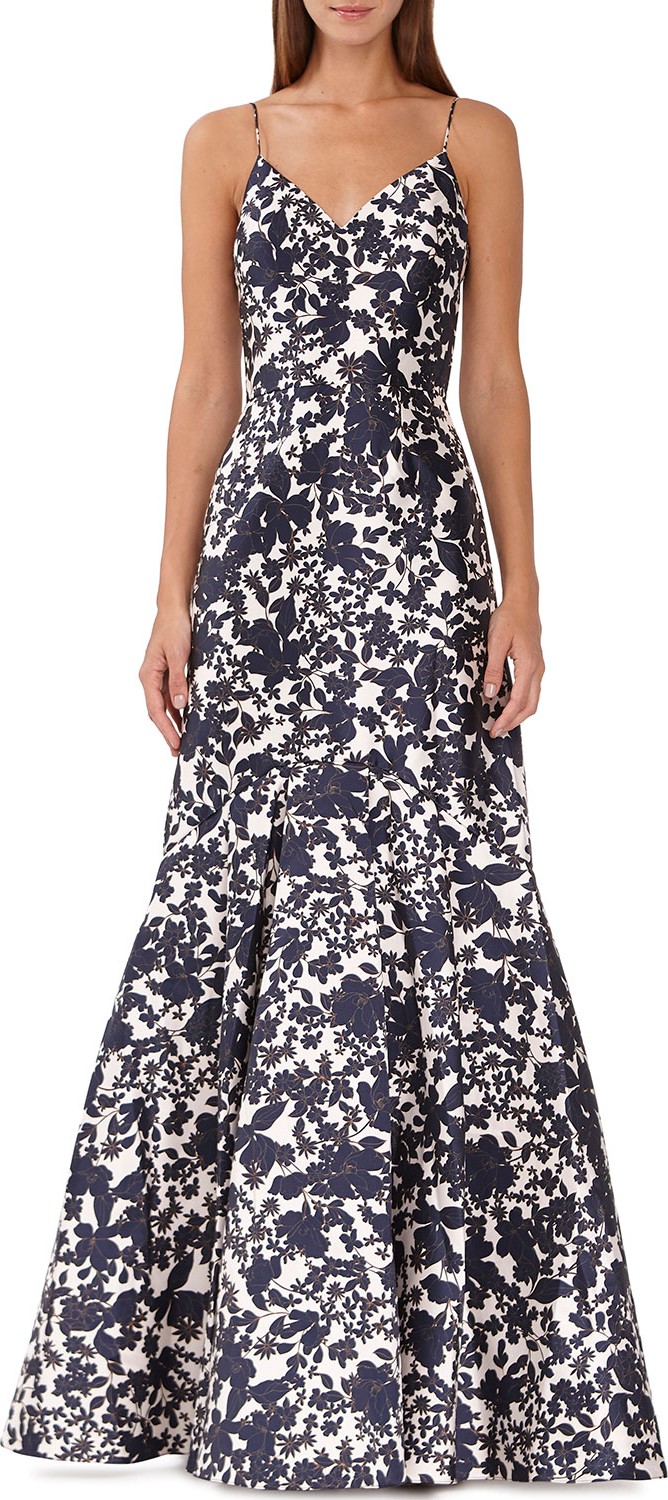 ML Monique Lhuillier Floral Silhouette Mikado Gown
