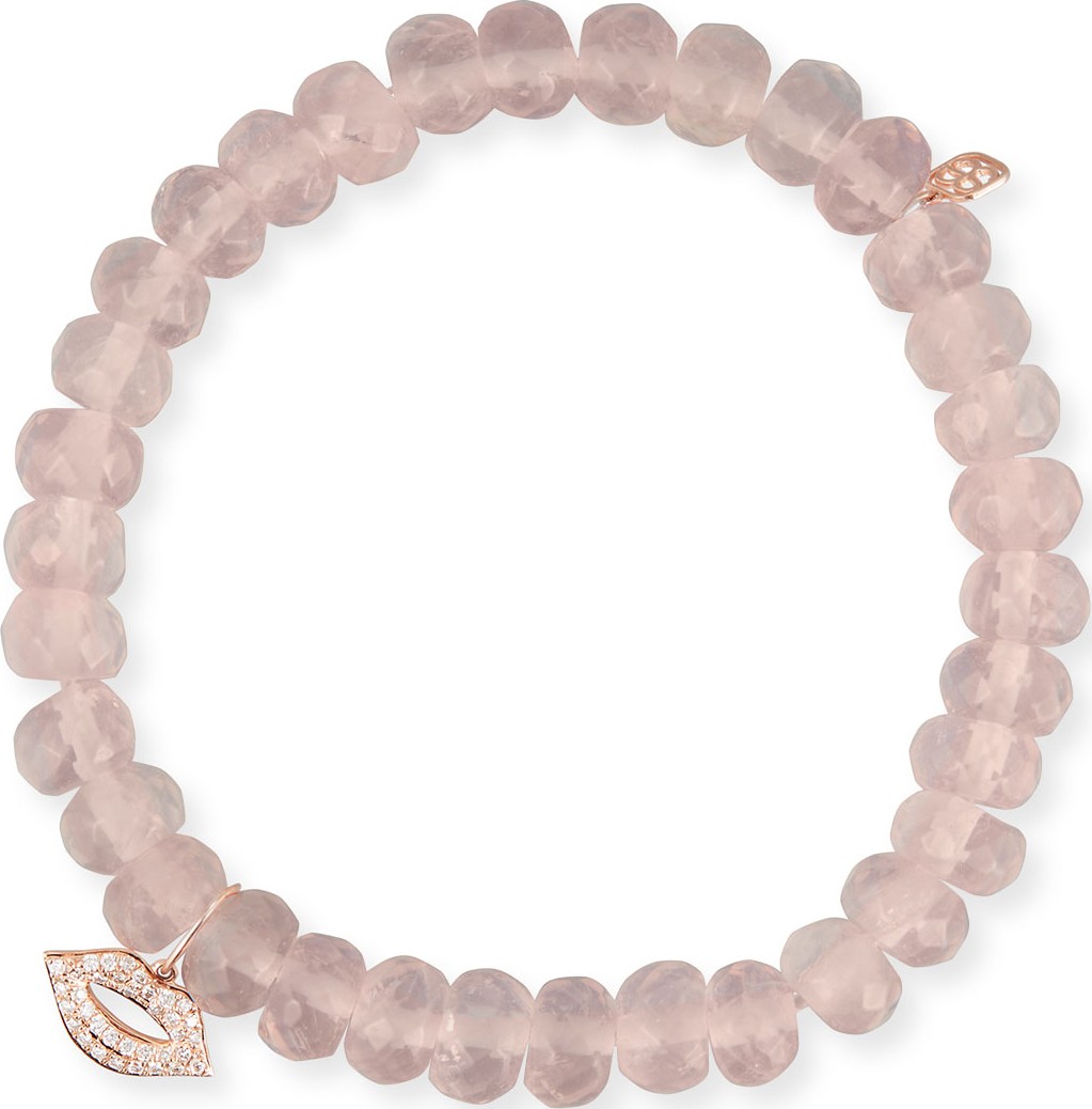 Sydney Evan Rose Quartz Bead Bracelet w/ 14k Diamond Lips Charm