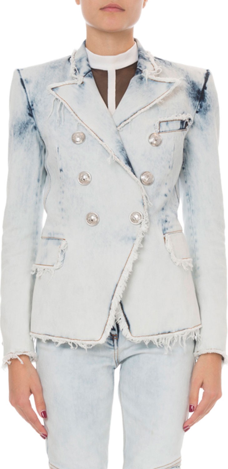 Balmain Classic Double-Breasted Bleached Denim Blazer