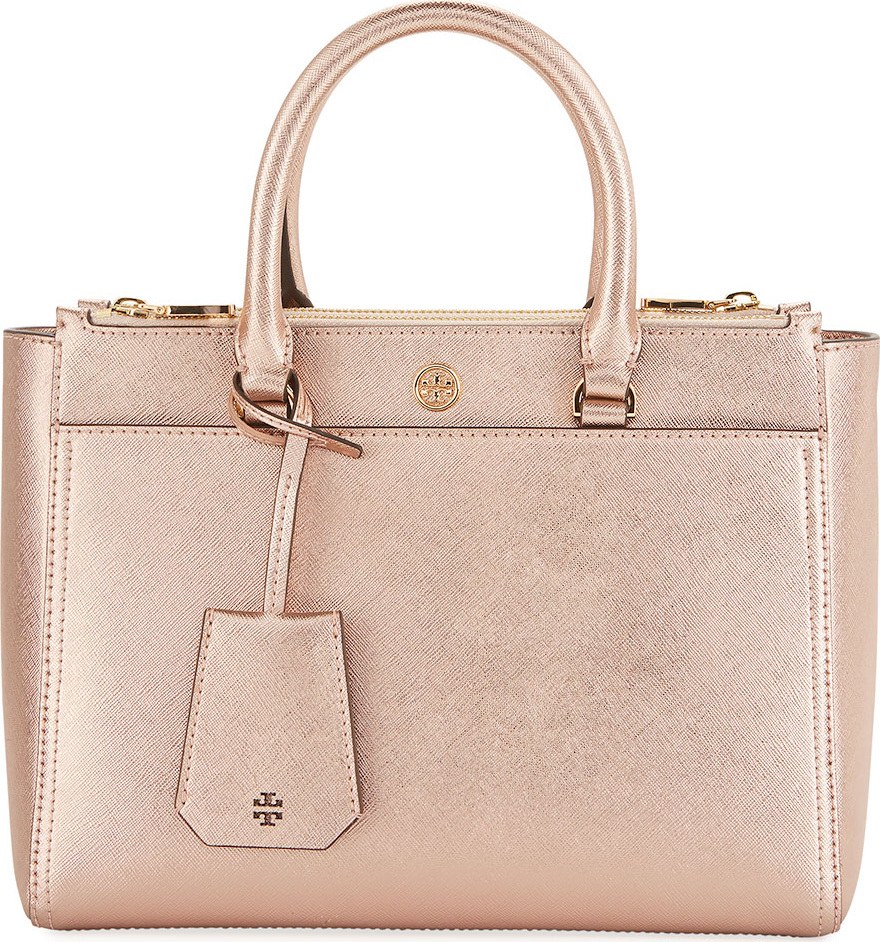 Tory Burch Robinson Small Metallic Saffiano Double-Zip Tote Bag