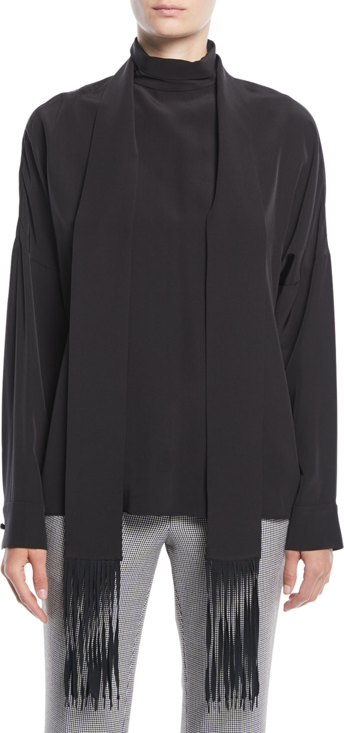 Tibi Long-Sleeve Silk Top w/ Fringe Scarf